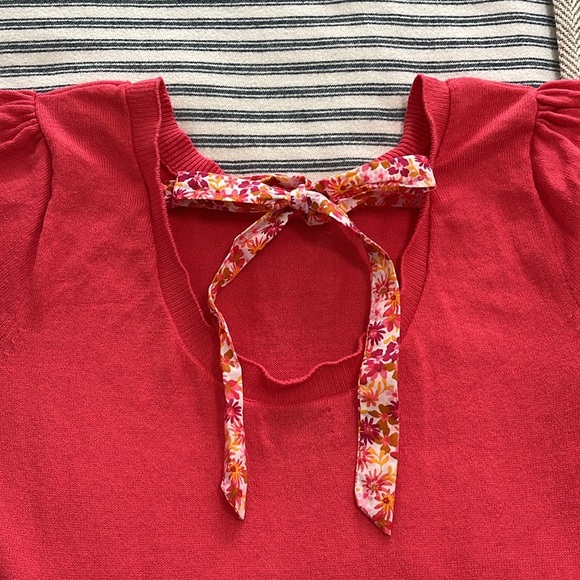 NWOT J Crew Short Sleeve Floral Tie Back Sweater Blouse Puff Sleeve Pink XS - Picture 4 of 9